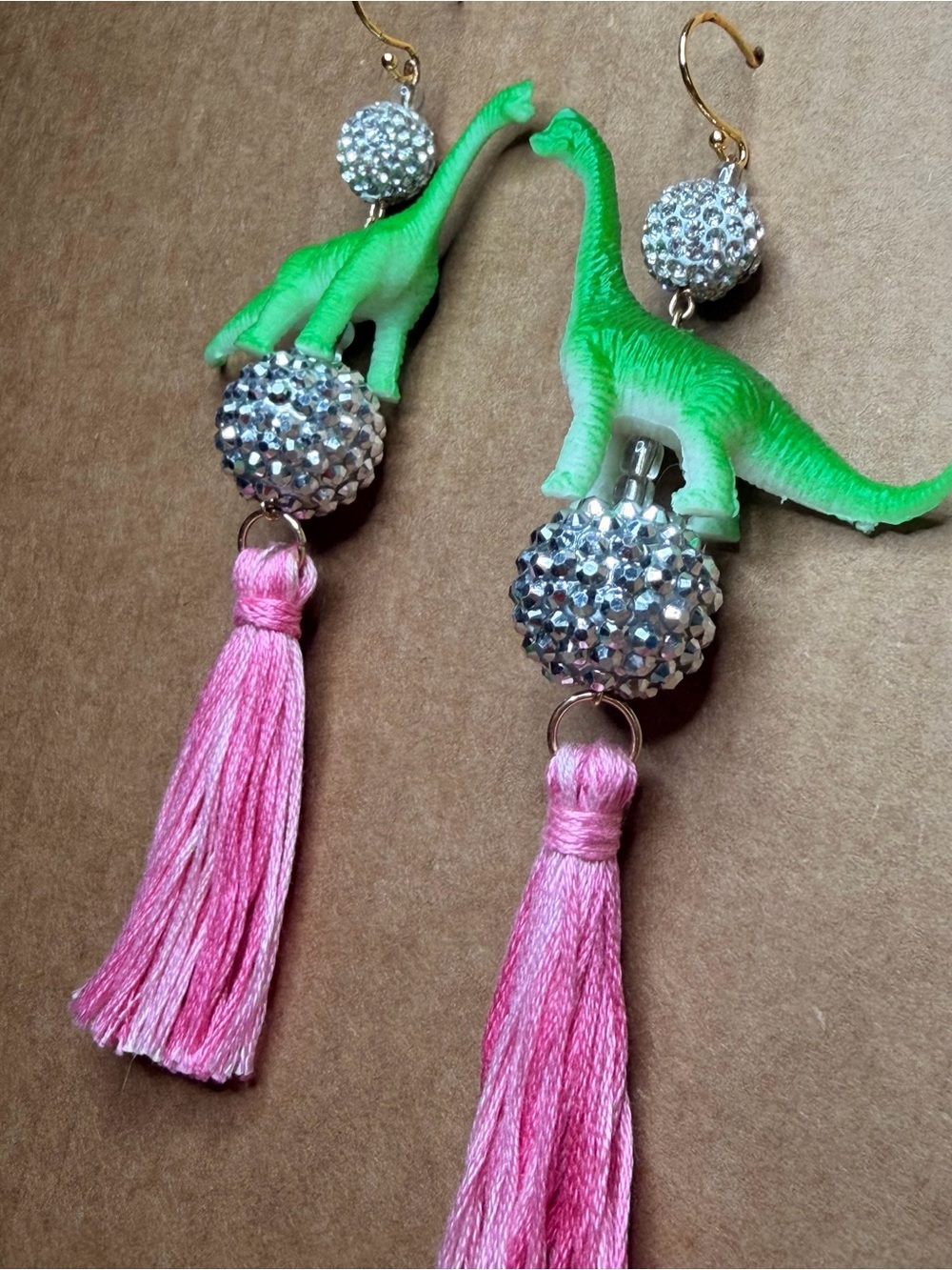 Playful Disco Brontosaurus Dinosaur Tassel Earrings with Pink Fringe - Picture 4 of 4